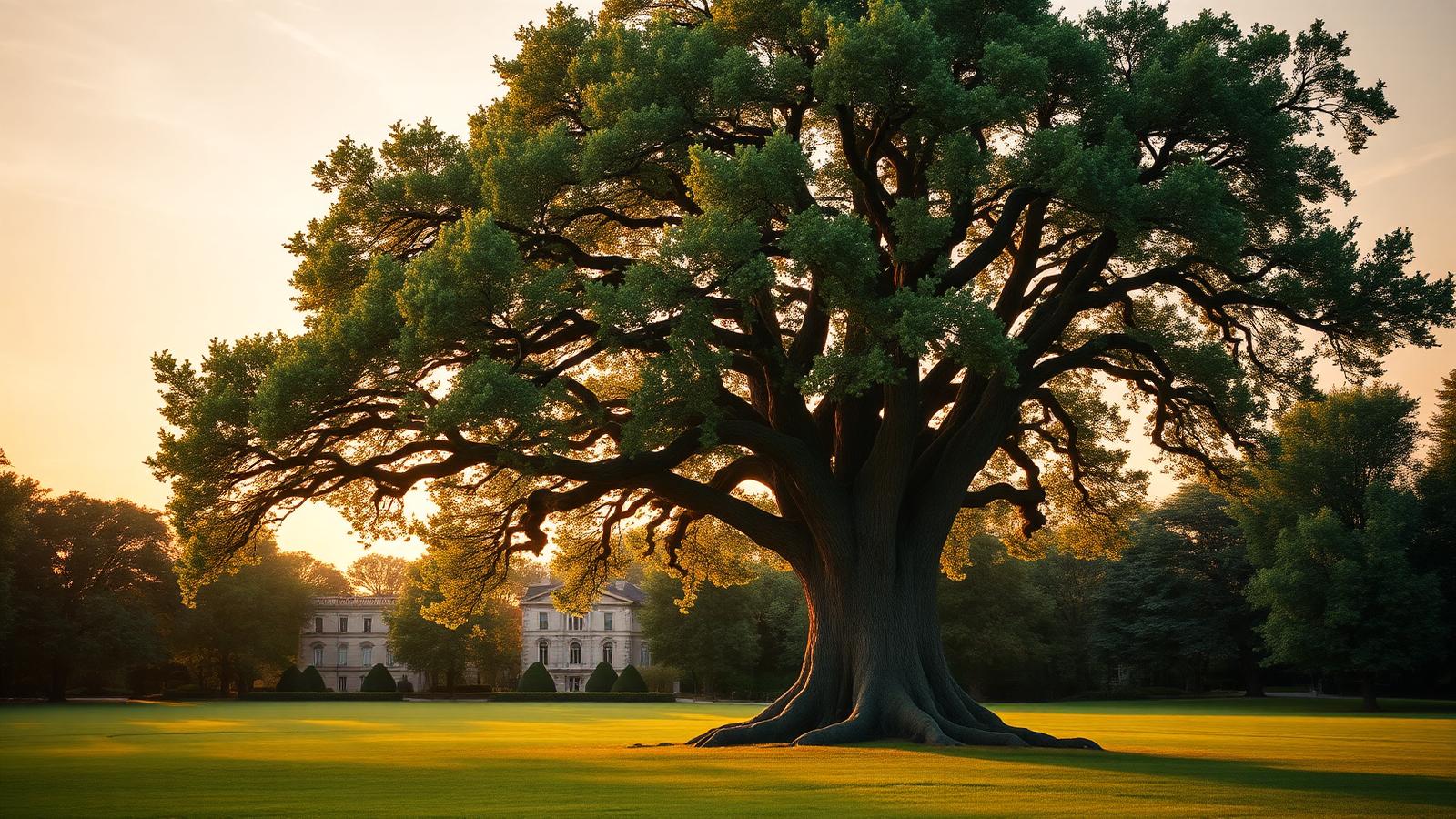 A mature oak tree in an open park